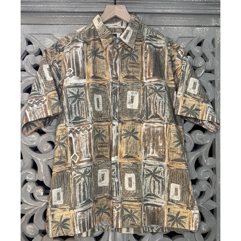 Tori Richard Honolulu Hawaiian Shirt Mens L Brown Palm Tree Tiki Aloha Button Up
